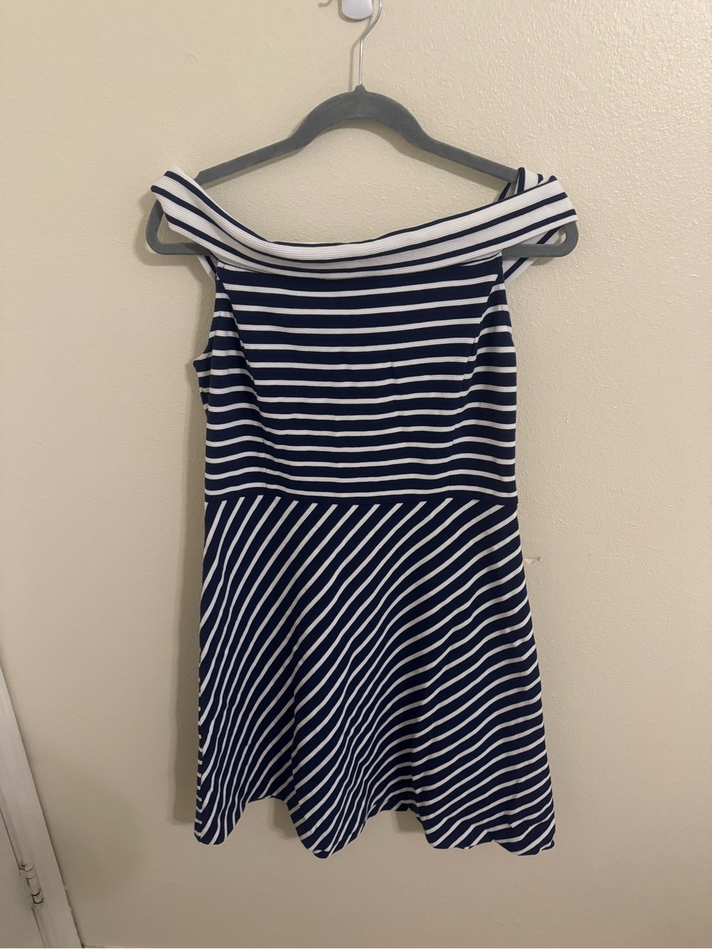 Vineyard Vines Navy and White Off-Shoulder Striped Dress